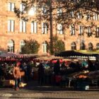 A market in front of a large building in Wiesbaden, Germany