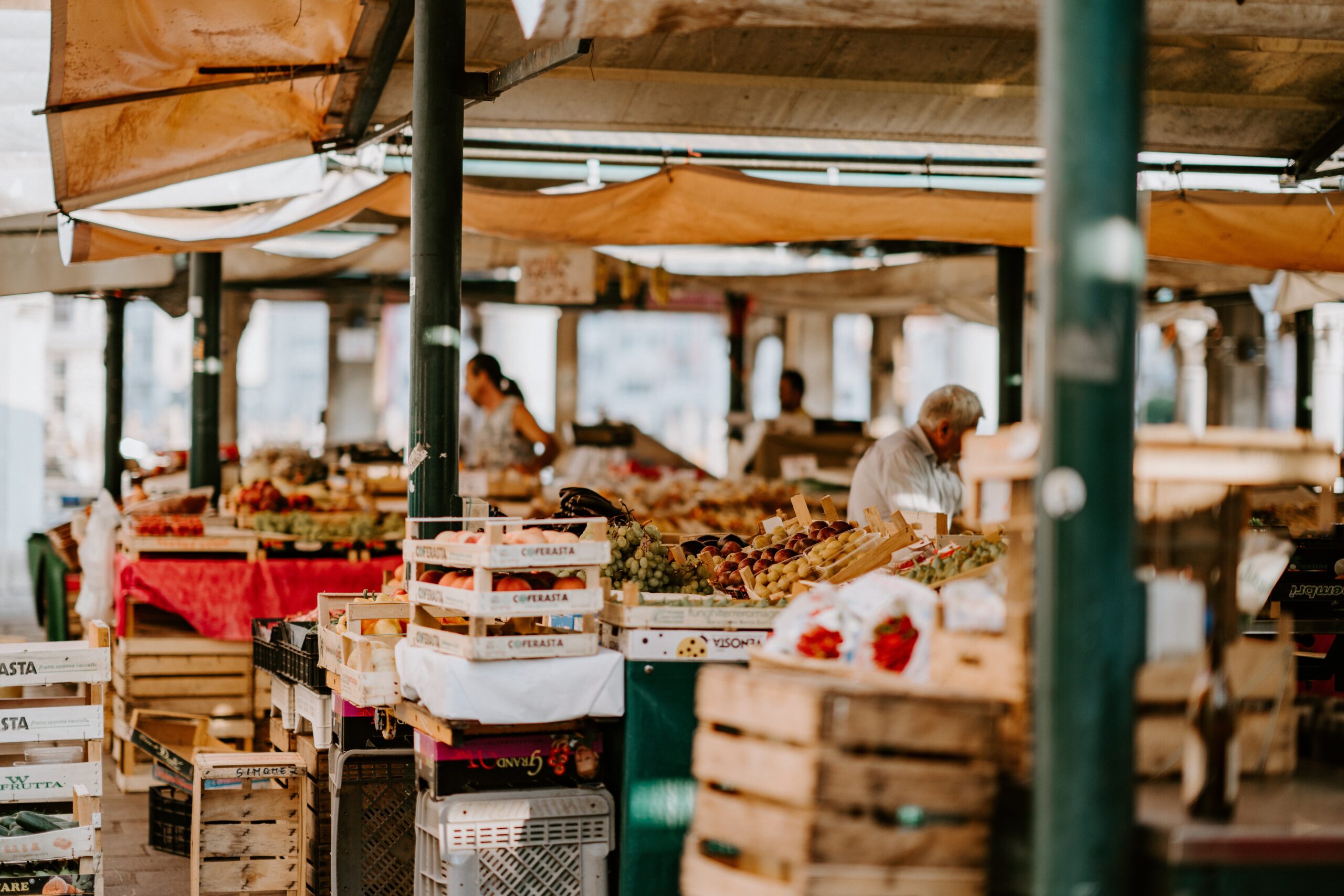 Market stalls with fresh fruit and vegetables