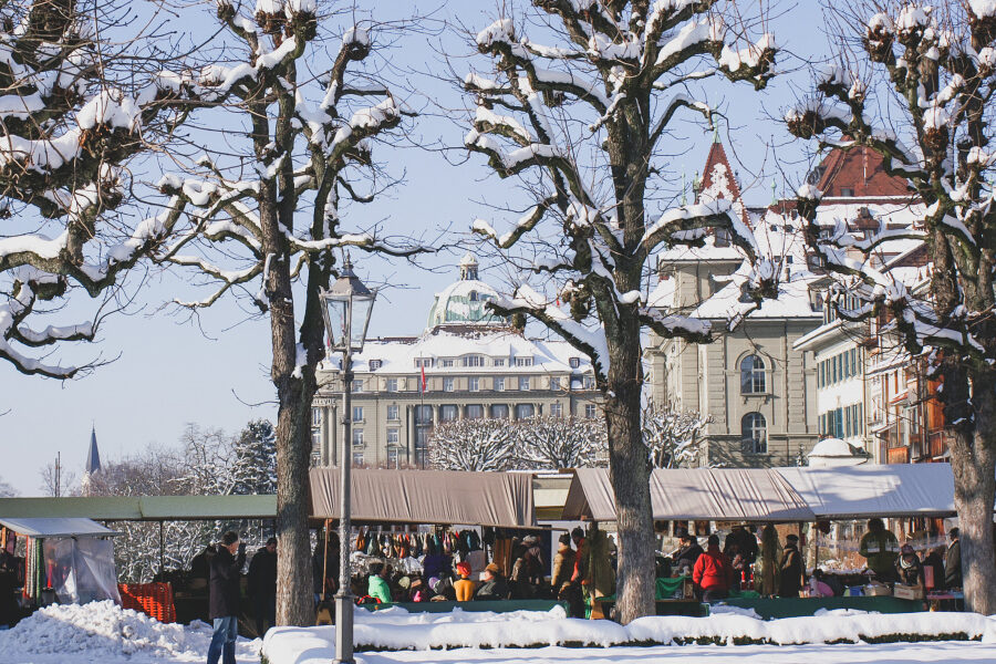 Market stands among trees on a snowy day in daylight