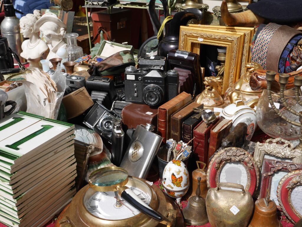old books, photo cameras, picture frames and other flea market knick-knacks