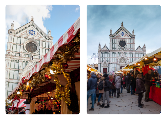 Santa Croce Basilica in Florence with Christmas market stalls and festive decorations in the foreground. Left: close-up of decorated stall; Right: wider view with shoppers.